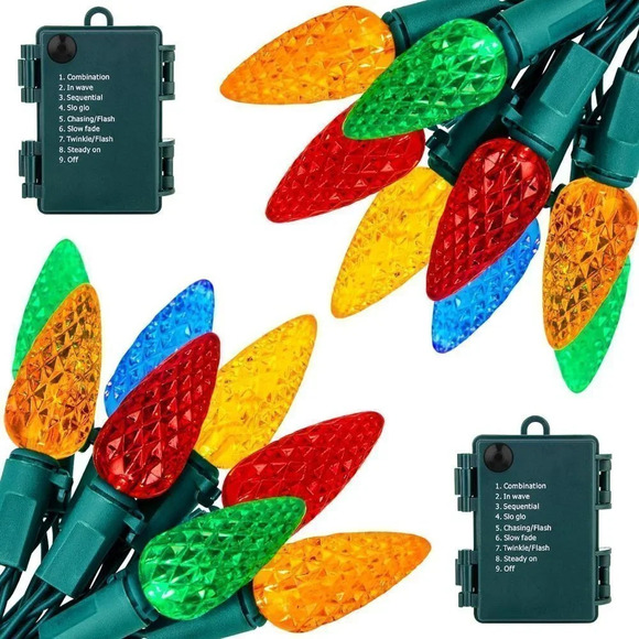 2 Pack Battery Operated C6 Christmas String Lights 20ft 60 LED Faceted Christmas - Picture 1 of 7